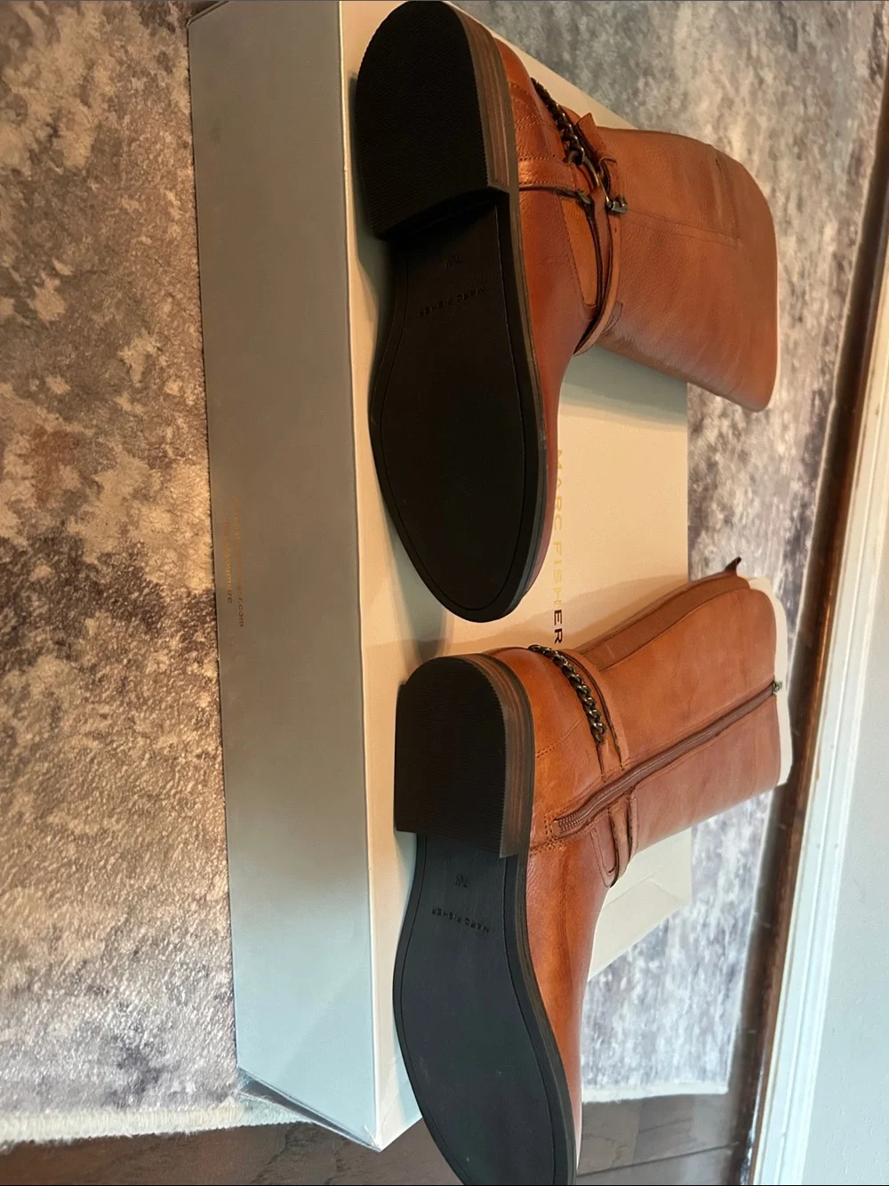 Marc Fisher Tall Riding Boots with Ankle Chain Detail in Cognac